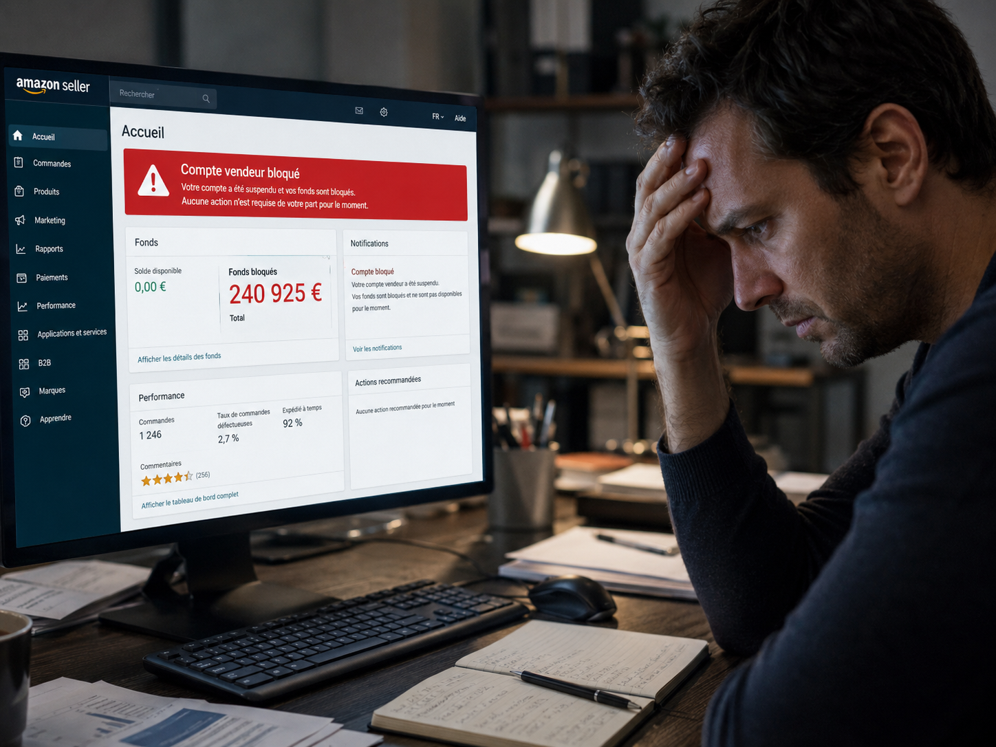 Illustration d’un vendeur Amazon confronté à un compte Seller Central bloqué et à 240 925 € de fonds immobilisés. Image associée à notre guide sur la récupération des fonds Amazon après une suspension de compte vendeur.