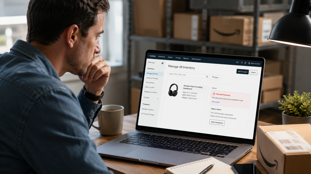 Vendeur Amazon consultant un ASIN bloqué dans son compte Seller Central
